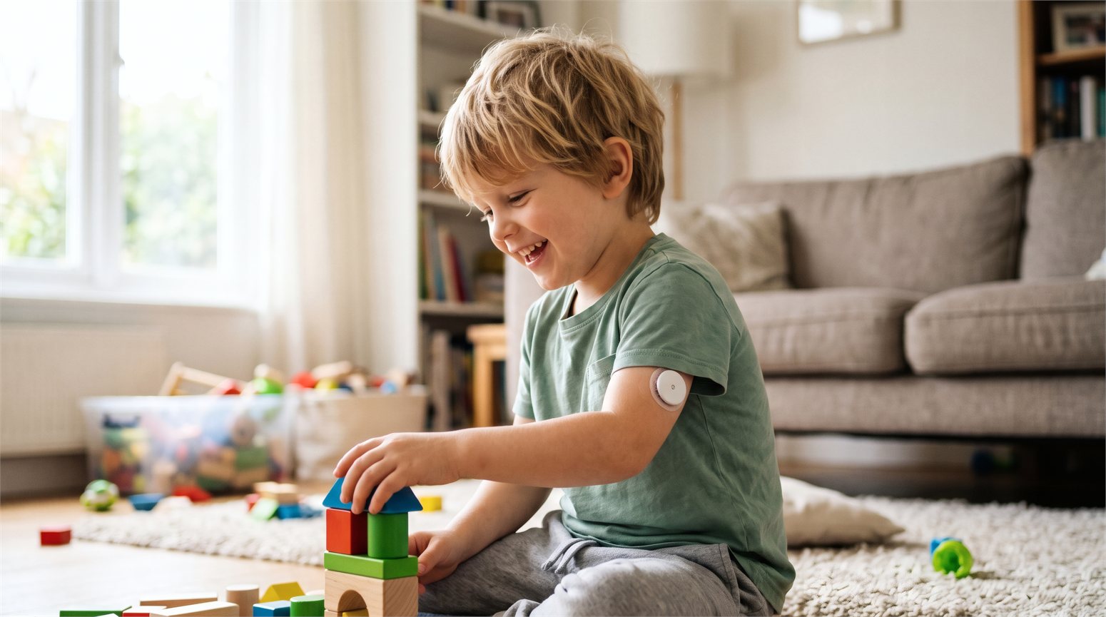 Bambino sorridente che gioca con le costruzioni e porta il sensore della glicemia sul braccio