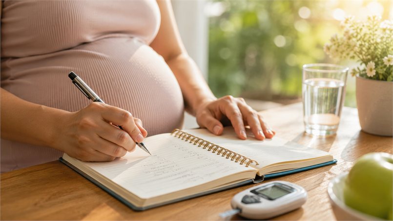 Donna incinta che annota i valori della glicemia sul diario accanto al glucometro