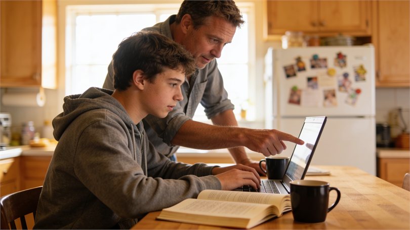 Ragazzo che studia al computer con il padre accanto