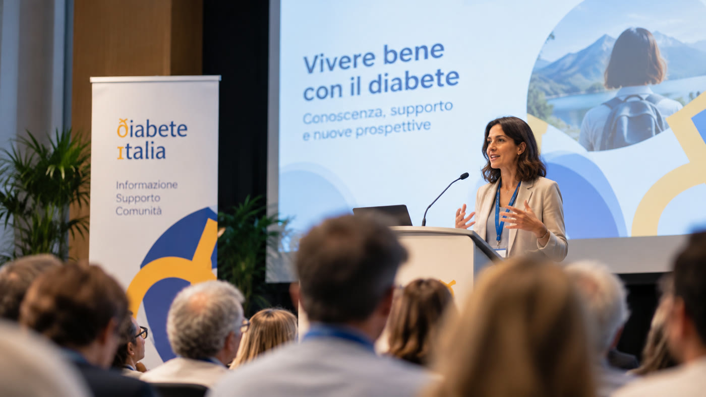 Relatrice che parla al pubblico durante un convegno sul diabete