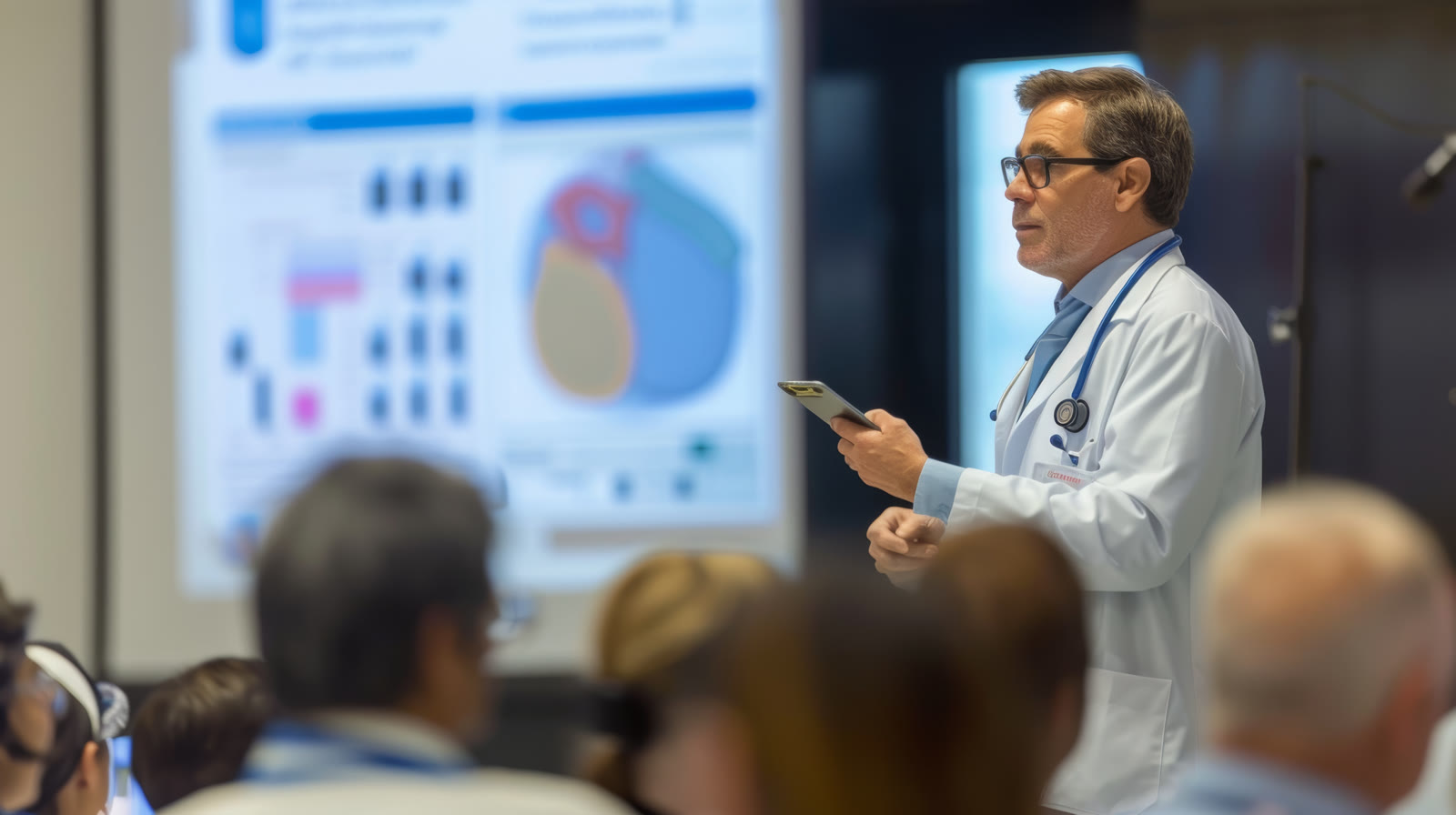 Medico che presenta un grafico durante un incontro in sala